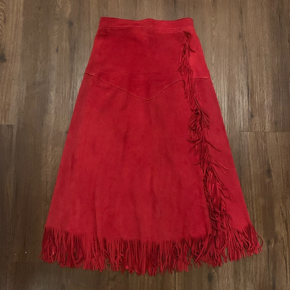 Vintage Red Suede Leather Tasseled Skirt